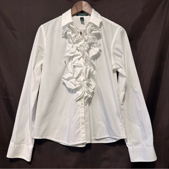 Lauren Ralph Lauren Tops - Lauren Ralph Lauren White Ruffled Button Up Blouse L | Romantic Classic